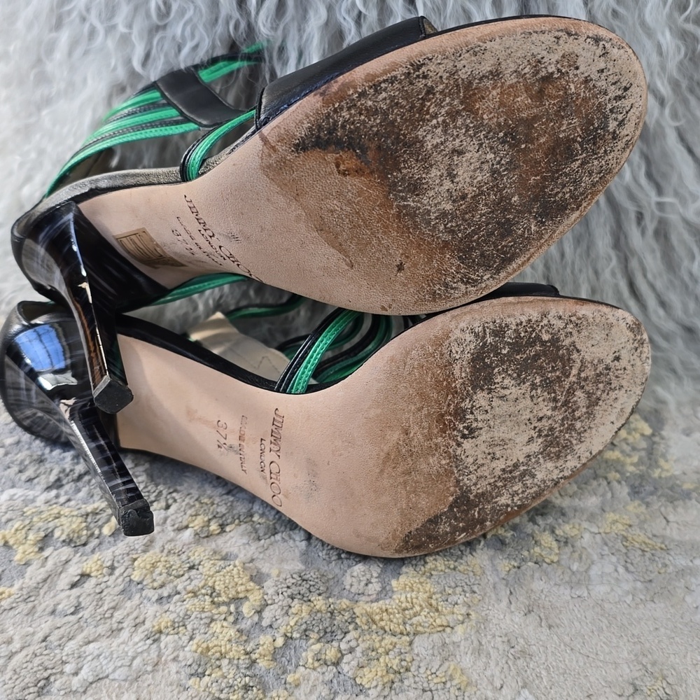 Jimmy Choo Black/Green Leather Corsica Ankle Strap Sandals Size 37.5 - Picture 13 of 17